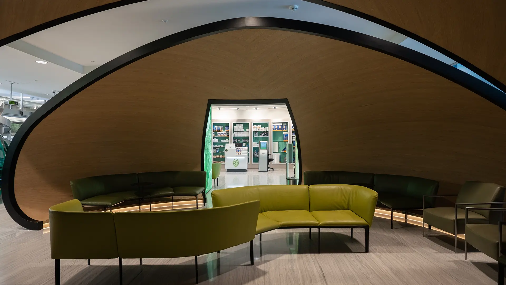 Almoosa Specialist Hospital’s pharmacy waiting wooden dome